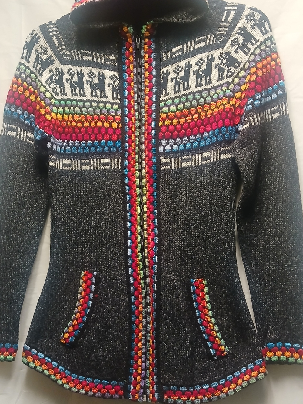 Charcoal Hooded Zip Front Sweater with Multicolor Fair Isle Trim - Picture 2 of 11